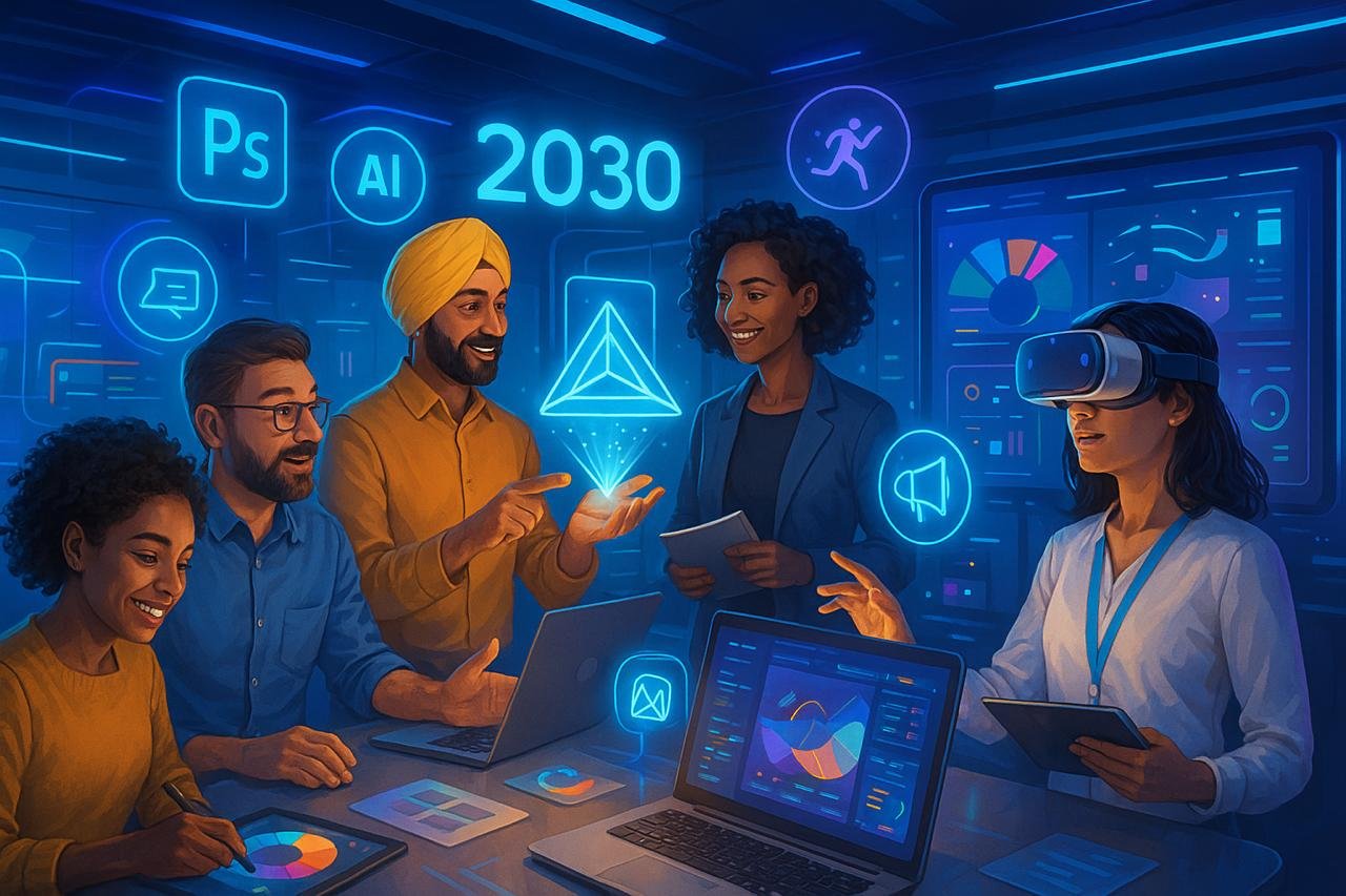 Creative careers 2030 skills in demand: Future creative professional working with AI design tools, UX/UI development, and digital marketing technologies