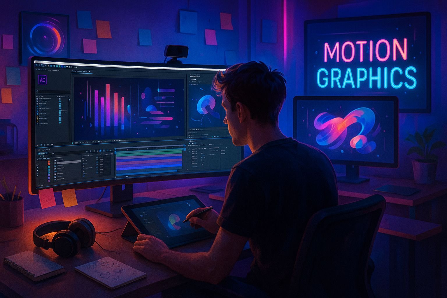 Motion graphics artist working on After Effects animation project in professional studio - daily workflow at RedSketch Academy