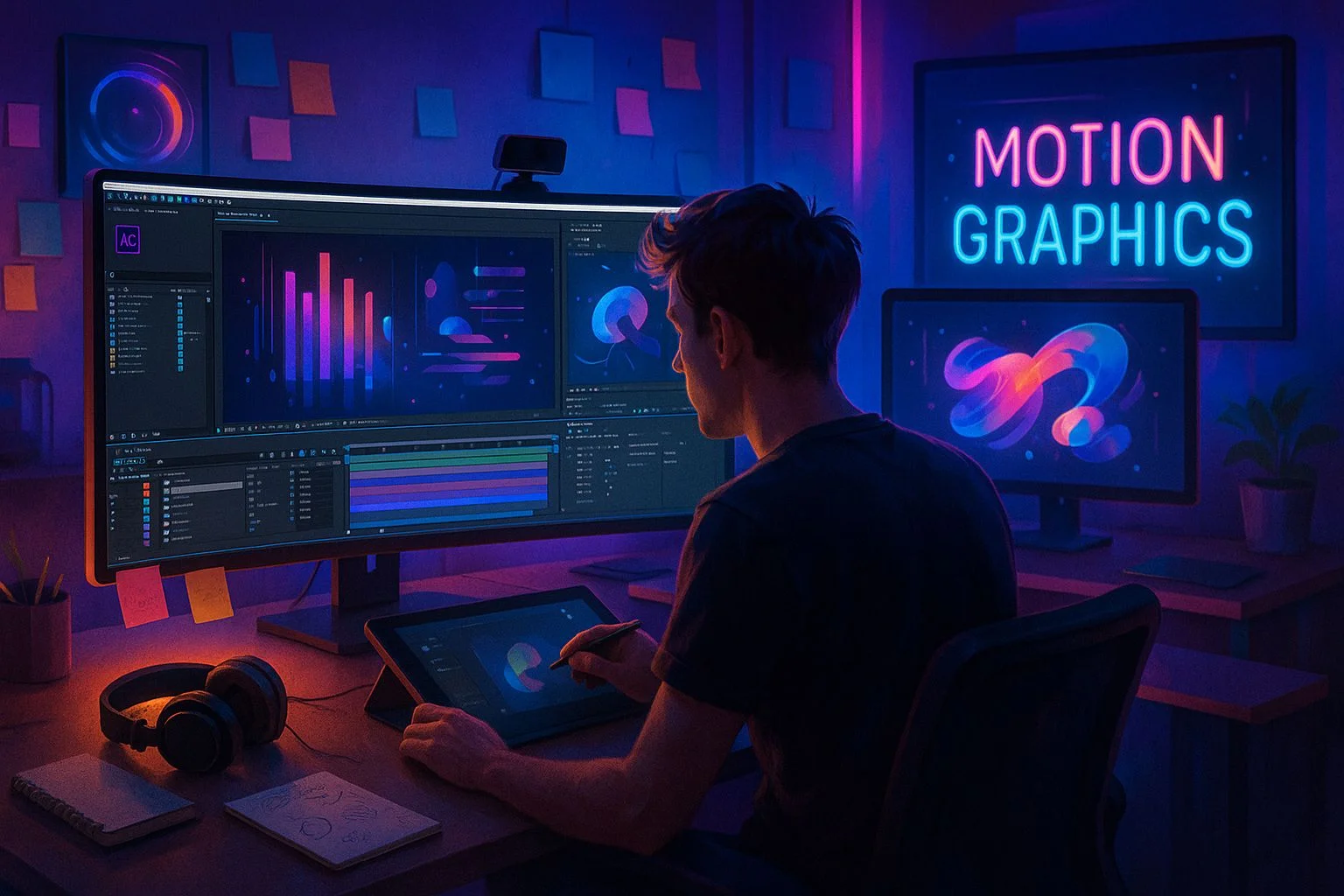 Motion graphics artist working on After Effects animation project in professional studio - daily workflow at RedSketch Academy