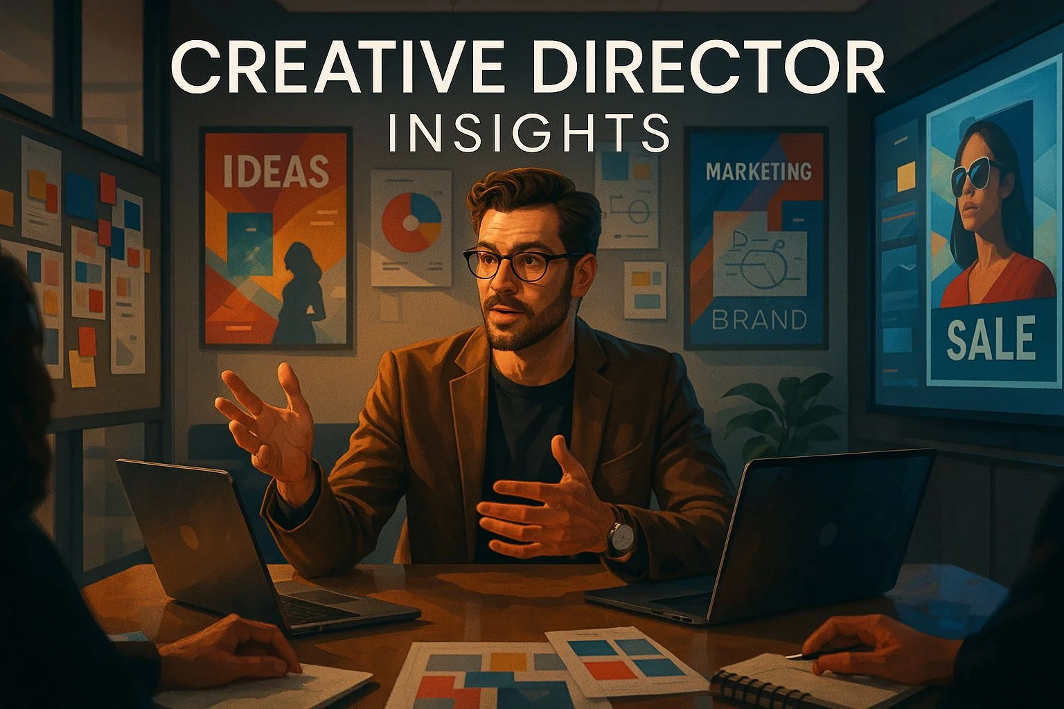 Creative director campaign secrets 2025 interview: senior creative director working on winning campaign strategy with design boards, strategic planning documents, and multiple digital screens in modern advertising agency office showcasing successful campaign development process