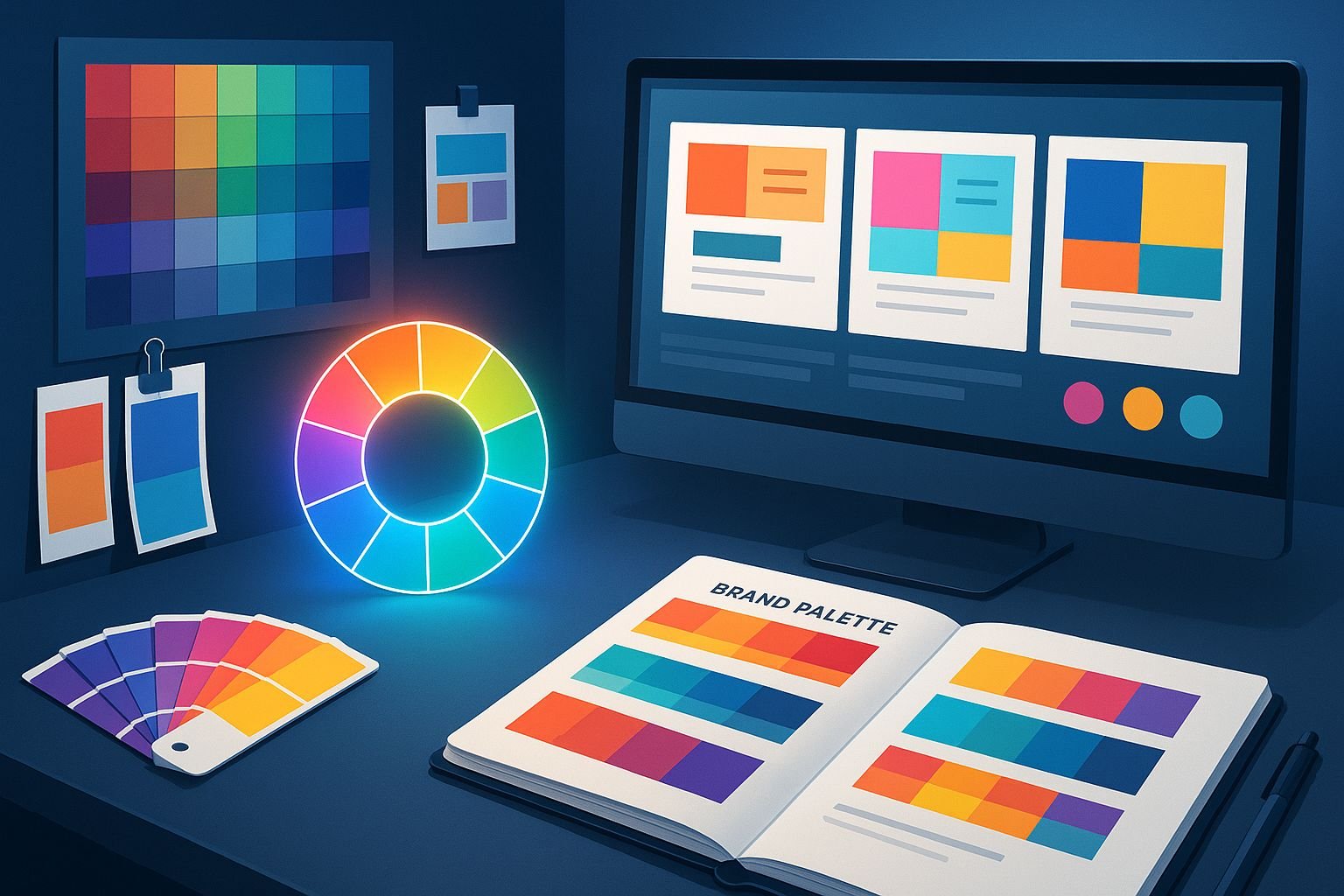 Comprehensive color theory guide for beginners featuring color wheel, harmony principles, and design fundamentals for graphic designers