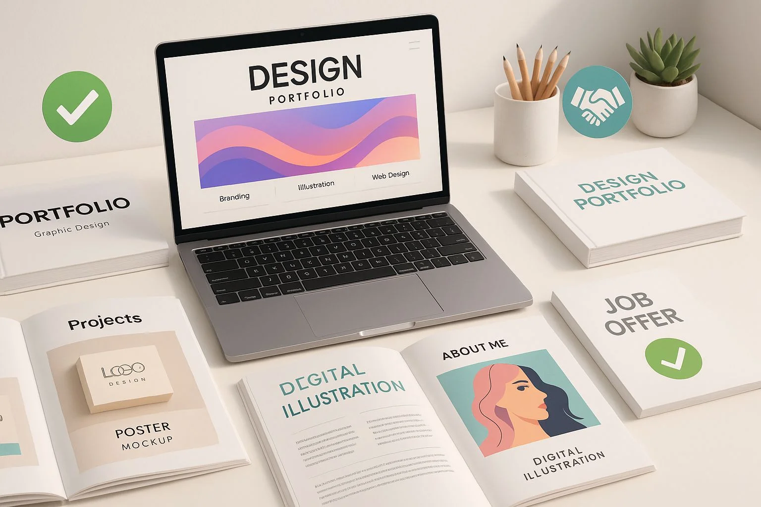 Top design portfolios 2025 that got hired: creative professionals reviewing winning portfolio examples on multiple devices, showcasing modern portfolio presentation, design process documentation, and successful job landing strategies for graphic designers